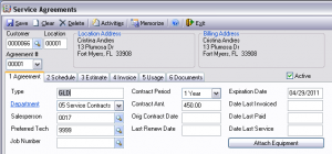 Service Agreement Entry Screen